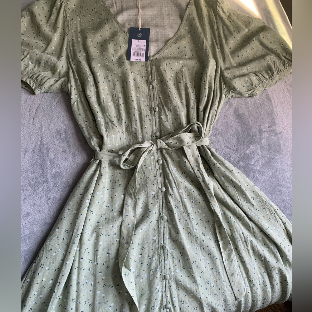 Sage green floral button-down midi dress